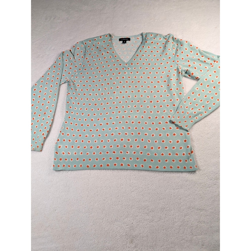 Lands End Womens V-Neck Polka Dot Sweater Aqua Blue Orange Medium 10-12 Coastal